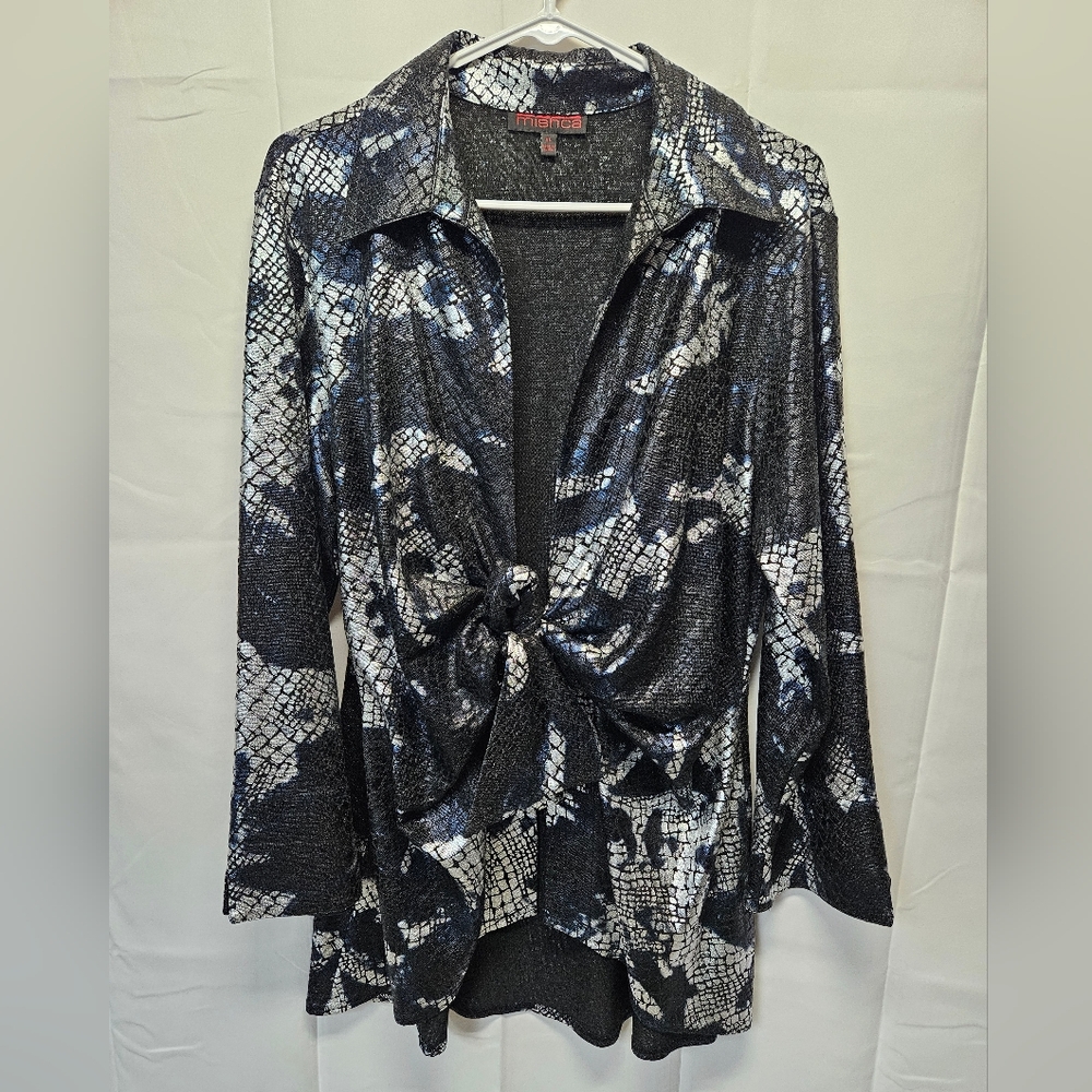 Mishka Shimmering Black and Silver Reptile Tie-Front Blouse with Blue Accents